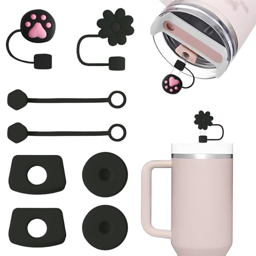 8 Stück für Stanley Cup Zubehör Set 6pcs Auslaufstopfen mit 2pcs Strohhalm Straw Cover Abdeckung für 9-10 mm Strohhalm für Adventure Quencher 1.0 und 2.0 30oz 40oz (Schwarz) (Cups nicht enthalten) von Hongma