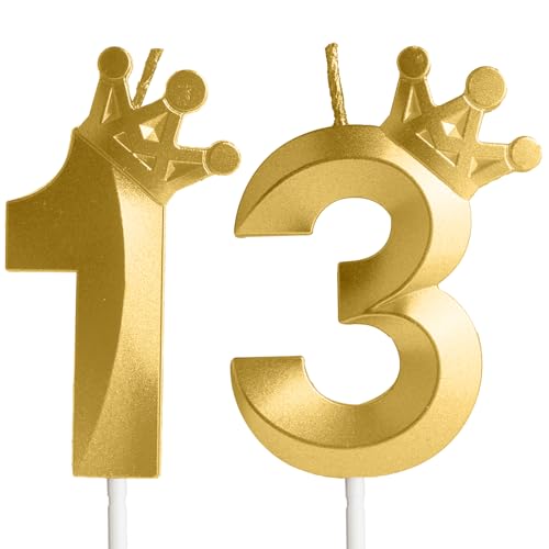 Hongplus Gold Zahl 13 Geburtstagskerze mit Krone, Kuchen Kerzen, Krone Happy 13 Birthday Kerzen Cake Topper Dekorationen für Mädchen Jungen Geburtstag Jahrestag Party von Hongplus