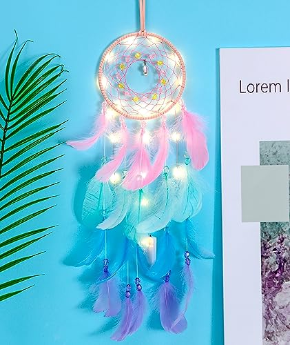 Hongyans Traumfänger mit LED Licht Handgefertigt Dreamcatcher mit Federn Böhmen Dekoration für Schlafzimmer Hochzeit Wandbehang Ornament Mädchen Kinder Geschenk von Hongyans