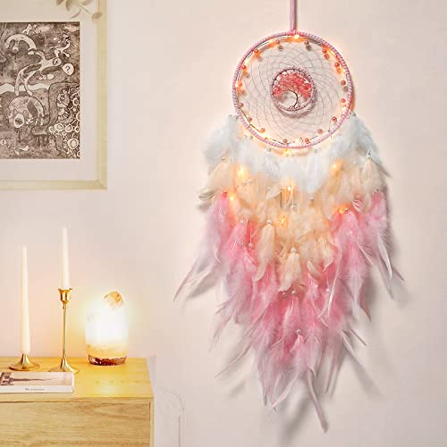 Hongyans Traumfänger mit LED Licht Handgefertigt Dreamcatcher mit Federn Böhmen Dekoration für Schlafzimmer Hochzeit Wandbehang Ornament Mädchen Kinder Geschenk von Hongyans