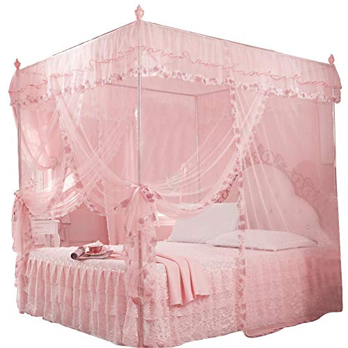 Hongzer Moskitonetz, Romantische Prinzessin 3 Seitenöffnungen Post Bett Vorhang Baldachin Netz Moskitonetz Bettwäsche(Pink M.) von Hongzer