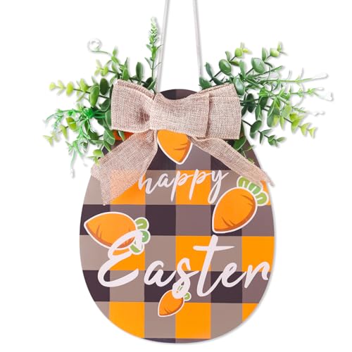 Honitra Frohe Ostern Türschild, Ei geformte Ostern Zeichen, Ostern Willkommensschild für Haustür-Wand Deocr, hölzernes Ostern Zeichen mit Bogen und Blätter, Happy Easter Zeichen für Türdekorationen von Honitra