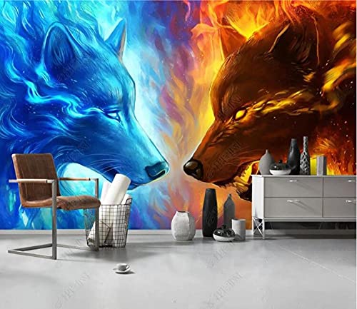 Benutzerdefinierte Fototapete 3D handgemalte Wolf Feuer Wolf Konfrontation Wandbild Wohnzimmer TV Sofa Schlafzimmer Wandbild Tapete-250 * 175cm von Honony
