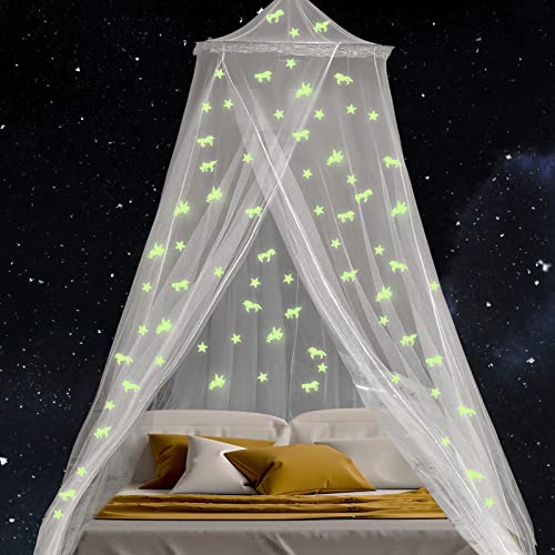 Honoson Betthimmel mit Leuchtenden Stern Einhorn Aufklebern Moskitonetz Mückennetz für Einzelbett Himmelbett Vorhang aus Polyester für Baby Kinder Mädchen Bett Zimmer Dekoration von Honoson