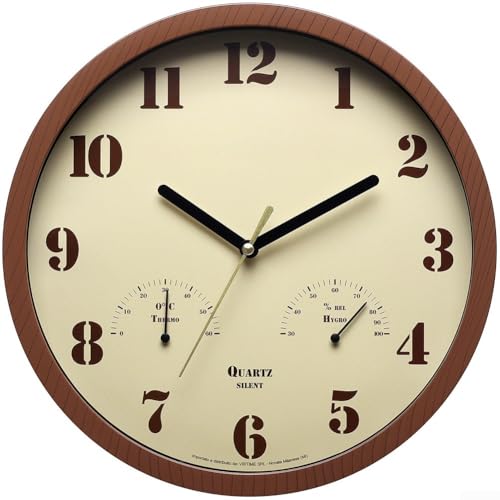 25,4 cm Outdoor-Wanduhr mit eingebautem Thermometer und Hygrometer, leises Quarzwerk, wetterbeständiges Design für den Einsatz in Terrasse, Veranda und Innenräumen (Holzmaserung) von Honseadek