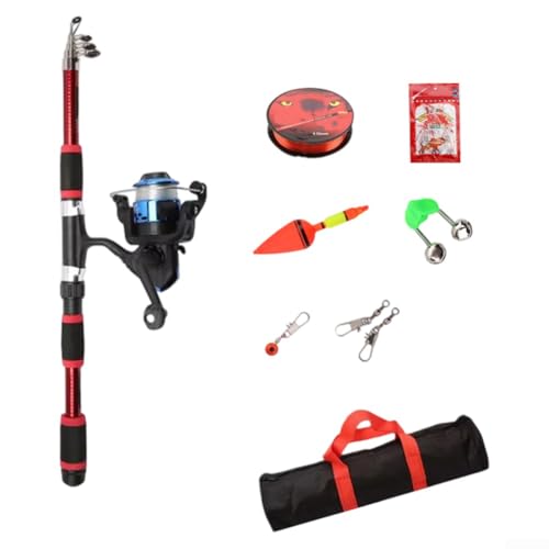 Angelruten-Set Full Kits 1 8m Teleskop Reiserute mit Rolle, Ködern, Haken, 100 Meter Angelschnur und Zubehör für Outdoor Angeln (rot) von Honseadek