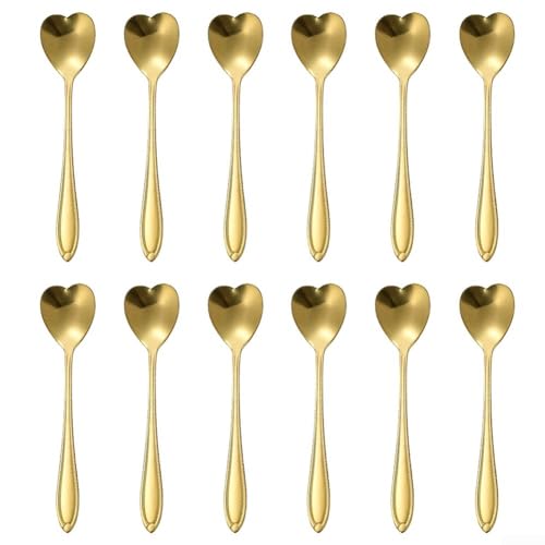 Attraktive herzförmige Kaffeelöffel, 12 Stück, aus Edelstahl für Kaffee- und Dessert-Liebhaber (Gold) von Honseadek