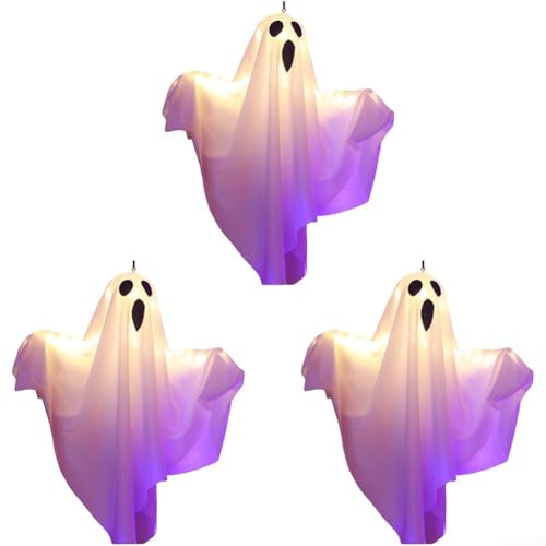 Honseadek Dekorative Halloween-Hängeleuchten für den Außenbereich, 3 Stück, warmweiße LEDs mit gruseligem Gesicht, Polyester-Taft, für Rasen, Gartenparty (Beleuchtung – Weiß) von Honseadek