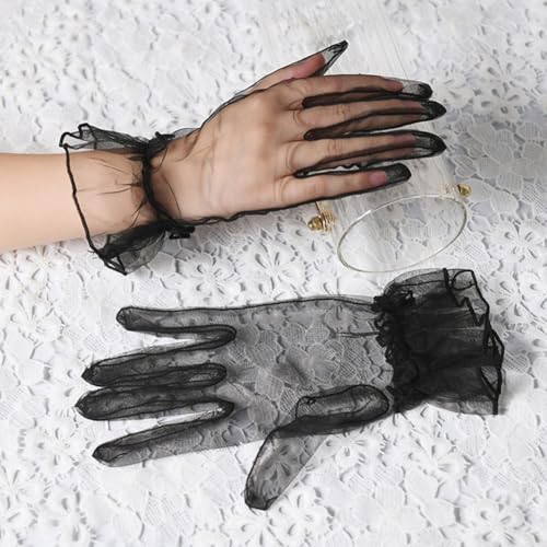 Honseadek Kurzer Tüll-Handschuh für Damen, volle Finger, transparent, für Braut (schwarz) von Honseadek