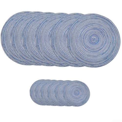 Tischset für Esstisch, Baumwollmischgewebe, 12 runde Tischsets und Untersetzer, 30 cm und 11 cm, stilvolles und praktisches Design (blau) von Honseadek