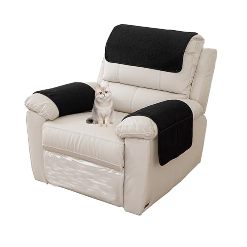 HonunG Sesselschoner Fleece-Stoff Sesselauflage Relax mit Armlehnen und Taschen, Sofa Bezug,Sessel Überwurf Warm und Weich Anti-Rutsch Waschbar Armkappen Für 1 2 3 Sitzer (Schwarz,1 Sitzer | 3 STK) von Honung