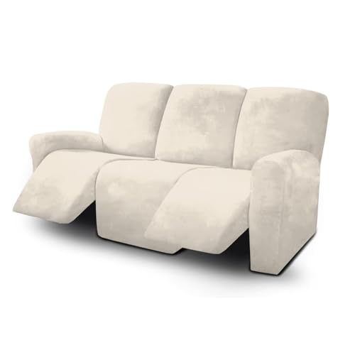 HonunG Sofabezug 8 Stück Velvet Schonbezug Stretch Bezug Einfache Passform Relaxsofa Bezüge Couch Sesselbezug 3 Sitzer Sesselschoner für Relaxsessel Möbelschutz für Wohnzimmer (Beige) von HonunG