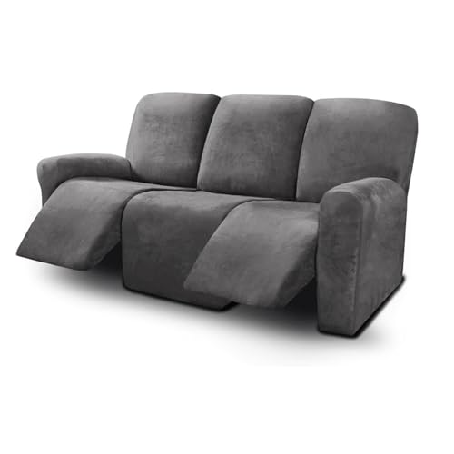 HonunG Sofabezug 8 Stück Velvet Schonbezug Stretch Bezug Einfache Passform Relaxsofa Bezüge Couch Sesselbezug 3 Sitzer Sesselschoner für Relaxsessel Möbelschutz für Wohnzimmer (Grau) von HonunG