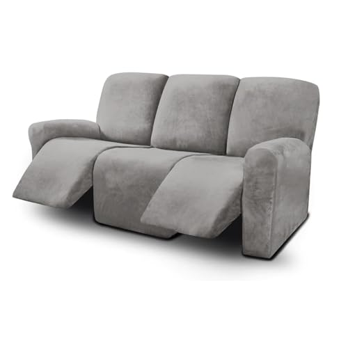 HonunG Sofabezug 8 Stück Velvet Schonbezug Stretch Bezug Einfache Passform Relaxsofa Bezüge Couch Sesselbezug 3 Sitzer Sesselschoner für Relaxsessel Möbelschutz für Wohnzimmer (Hellgrau) von HonunG