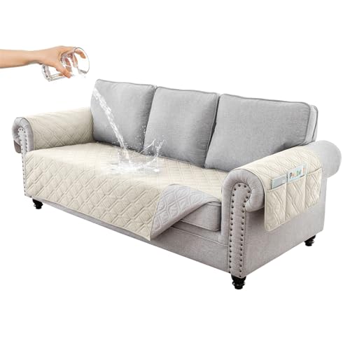 HonunG Sofaschoner, Sofa Abdeckung 1 2 3 4 Sitzer, Wasserdicht rutschfest Couchbezug Überzug Mit Seite Lagerung Tasche,Schonbezug, Sofaüberwurf, Sofabezug (Beige,3 Sitzer) von HonunG