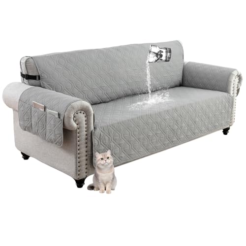 HonunG Sofaschoner, Sofa Abdeckung 1 2 3 4 Sitzer, wasserdicht rutschfest Sofa Protektoren Slipcover mit Seite Lagerung Tasche,Schonbezug, Sofaüberwurf, Sofabezug (4 Sitzer,Hellgrau) von HonunG