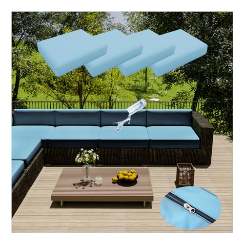 HonunGron 4 Stück Terrassenkissenbezüge, Wasserdicht, Ersatz-Kissenbezüge für Gartenmöbel, Outdoor-Couch Kissenbezug mit Reißverschluss für Rattan-Möbel, Terrassen-Sofa (60 * 60cm,Blau Grau) von HonunGron