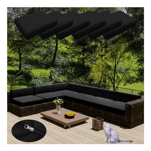 HonunGron 6 Stück Wasserdicht Sofa Sitzkissenüberzüge Mit Reißverschluss, Anti-Fade Outdoor Bezüge für Gartenpolster, Auflagen überwürfe Hussen für Rattan-Möbel/Terrassen-Sofa (60 * 60cm,Schwarz) von HonunGron