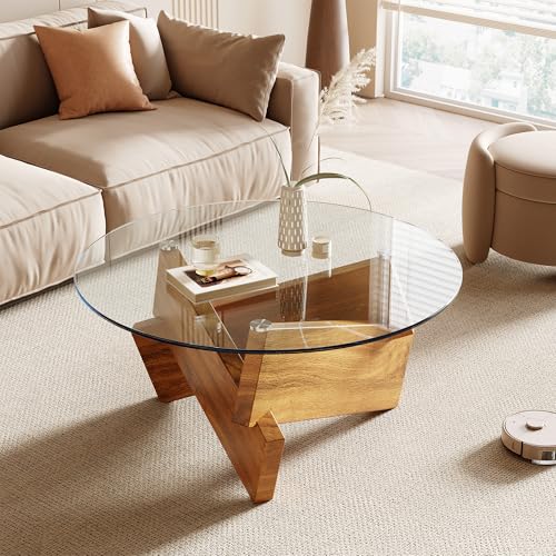 Honyee Moderner abgerundeter Couchtisch, 78 x 78 x 40,9 cm, Tischplatte aus gehärtetem Glas für Wohnzimmer, Farbe: Naturholz von Honyee