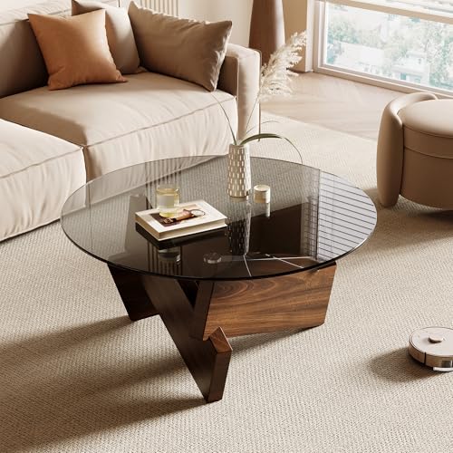 Honyee Moderner abgerundeter Couchtisch, 78 x 78 x 40,9 cm, Tischplatte aus gehärtetem Glas für Wohnzimmer, Farbe: Walnuss von Honyee