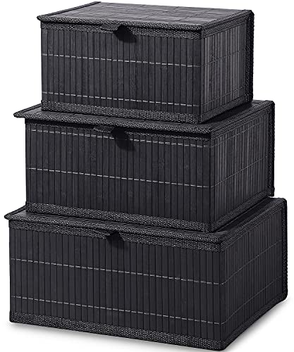 Honygebia Aufbewahrungsbox mit Deckel Schwarz – Bambus Deko Aufbewahrungskorb, 3er Set Rattan Korb mit Deckel Gewebtem Stoffeinsatz für Badezimmer Küche Regal Organisation (Groſz/Mittel/Klein) von Honygebia