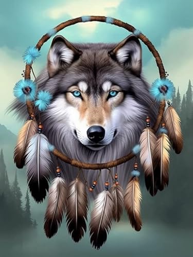 Hoobee 5D Diamond Painting DIY Set Wolf Traumfänger, Diamond Painting Bilder Tier, Vollbohrer Stickerei Kreuzstich Kunst Handwerk für Zuhause Wanddekoration (30×40 cm) von Hoobee