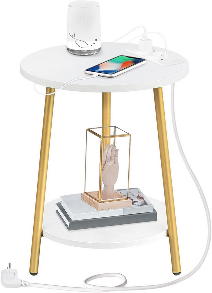 Hoobro Beistelltisch mit Ladestation (runder Couchtisch mit 2 Ebenen, Nachttisch mit USB & Steckdosen), modern & platzsparend von Hoobro