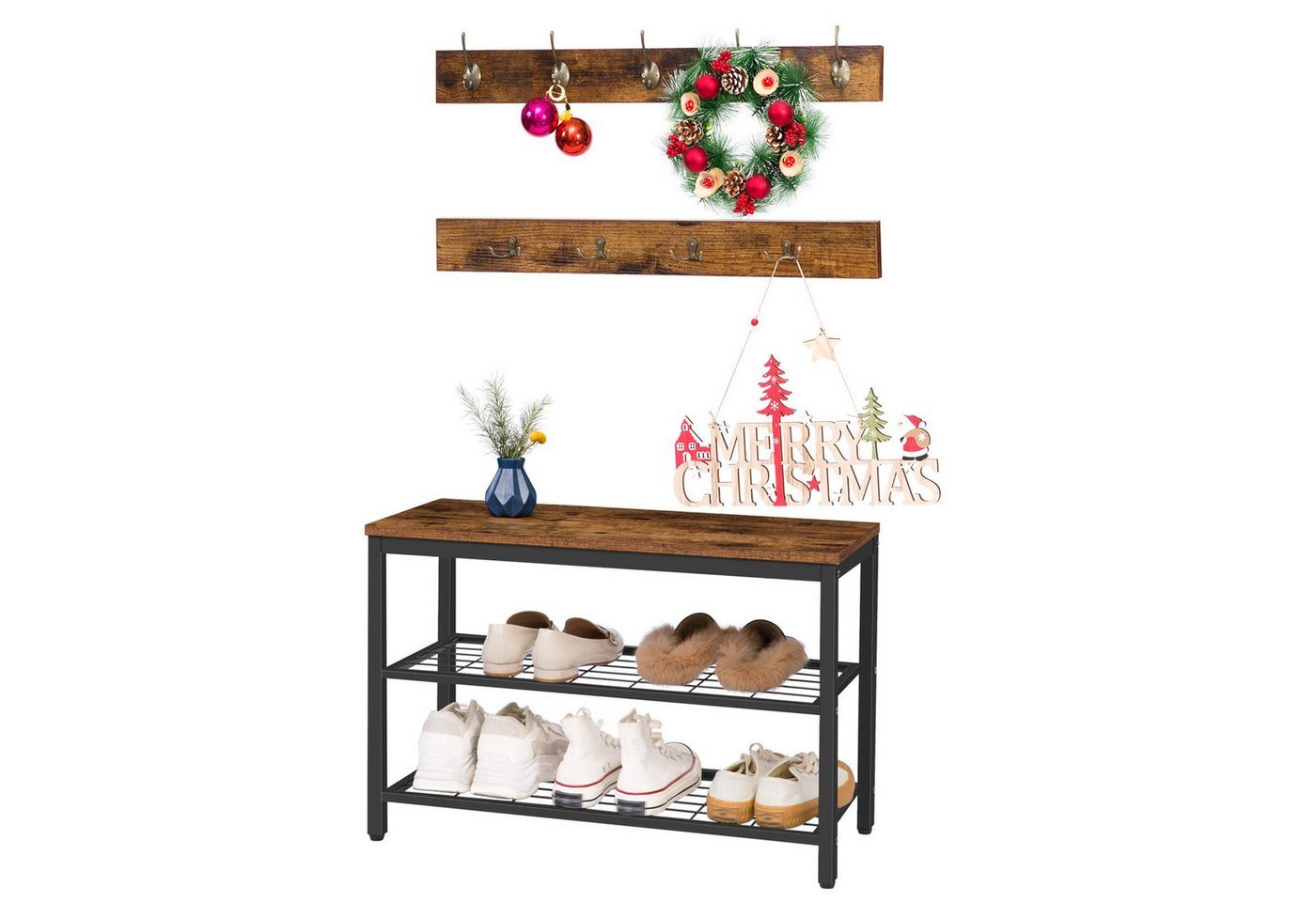 Hoobro Garderoben-Set Schuhbank mit Sitzfläche, (Wandgarderobe mit 9 Haken), für Flur, Eingangsbereich von Hoobro