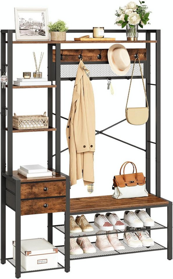 Hoobro Garderobenständer mit Schuhbank, (Schuhregal mit Garderobe, Eingangsmöbel mit Haken und Schubladen aus Vliesstoff), Garderobe mit Sitzbank, für Wohnzimmer, Flur von Hoobro