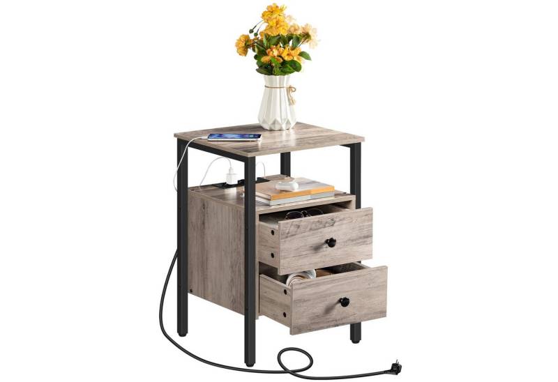 Hoobro Nachttisch Beistelltisch mit Ladestation (Sofatisch mit 2 Schubladen, Couchtisch mit USB-Anschlüssen), für Wohnzimmer, Schlafzimmer, 40 x 40 x 61 cm von Hoobro