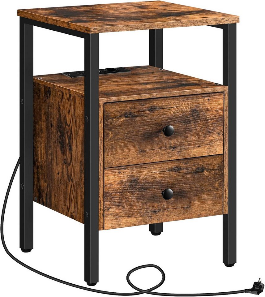 Hoobro Nachttisch Beistelltisch mit Ladestation (Sofatisch mit 2 Schubladen, Couchtisch mit USB-Anschlüssen), für Wohnzimmer, Schlafzimmer, 40 x 40 x 61 cm von Hoobro