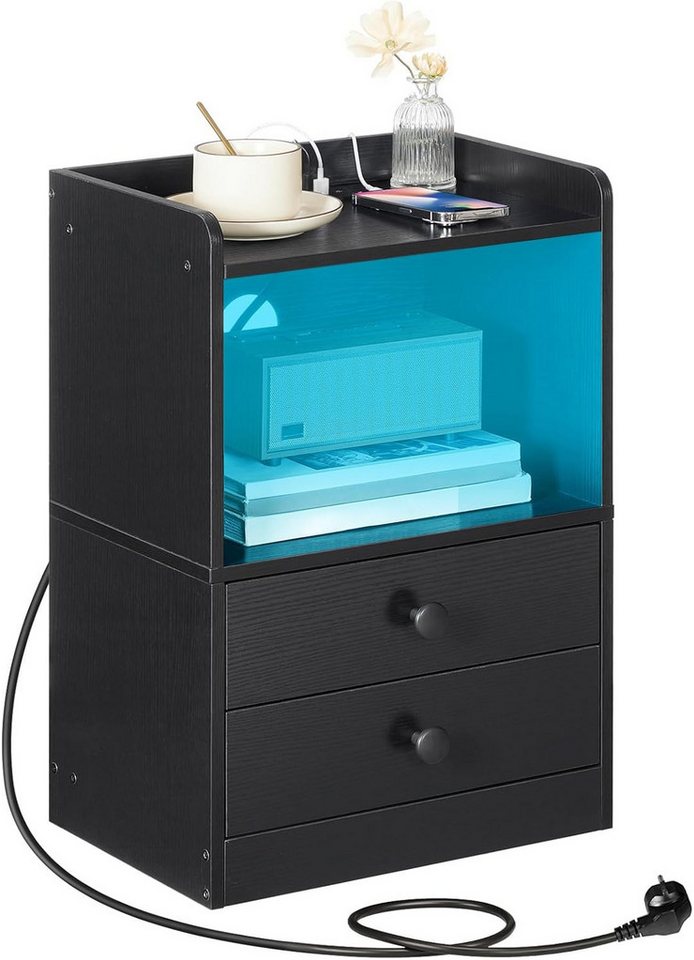 Hoobro Nachttisch mit LED Streifen (Nachttisch mit Ladestation, Beistelltisch mit 2 Schubladen), Sofatisch für Schlafzimmer, Wohnzimmer von Hoobro