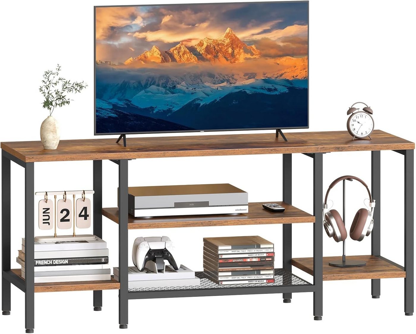 Hoobro TV-Schrank Fernsehtisch (TV-Lowboard, Medienkonsole für Wohnzimmer mit offenen Fächern) Fernsehschrank, Industriell, für Fernseher bis zu 55 Zoll von Hoobro