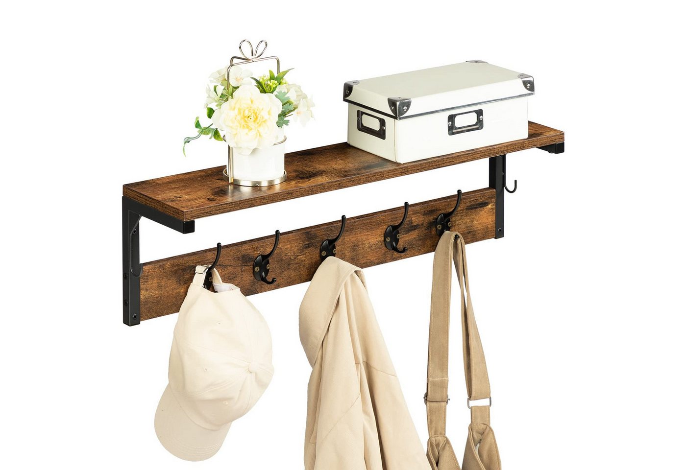Hoobro Wandgarderobe Wandregal mit 7 Haken und Ablage (Hängeregal mit Garderobenleisten, Wandmontage), für Flur, Wohnzimmer, Küche von Hoobro