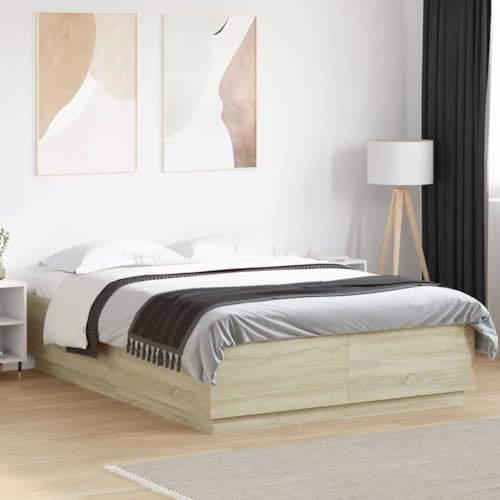 Hoodmeel Bett 120x200 Bettgestell mit LED-Beleuchtung & Lattenrost Holzbett 120x200 mit lattenrost Jugendbett Doppelbett-Sonoma Eiche-120 x 200 cm von Hoodmeel