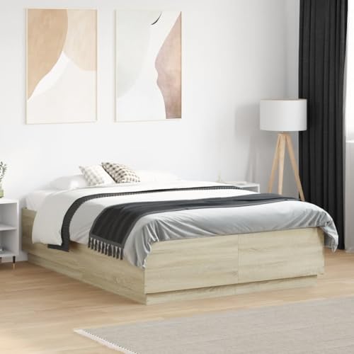 Hoodmeel Bett 140x190 Bettgestell mit LED-Beleuchtung & Lattenrost Holzbett 140x190 mit lattenrost Jugendbett Doppelbett-Sonoma Eiche-140 x 190 cm von Hoodmeel