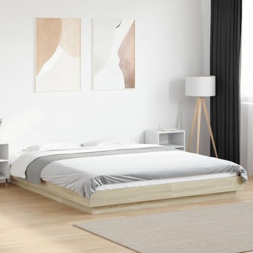 Hoodmeel Bett 150x200 Bettgestell mit LED-Beleuchtung & Lattenrost Holzbett mit LED Doppelbett Jugendbett-Sonoma Eiche-150 x 200 cm von Hoodmeel