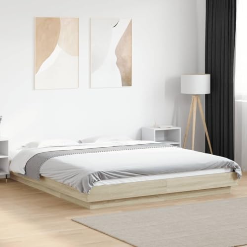 Hoodmeel Bett 160x200 Bettgestell mit LED-Beleuchtung & Lattenrost Holzbett mit LED Doppelbett Jugendbett-Sonoma Eiche-160 x 200 cm von Hoodmeel
