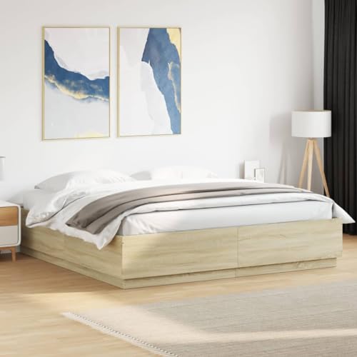 Hoodmeel Bett 200x200 Bettgestell mit LED-Beleuchtung & Lattenrost Holzbett 200x200 mit lattenrost Jugendbett Doppelbett-Sonoma Eiche-200 x 200 cm von Hoodmeel