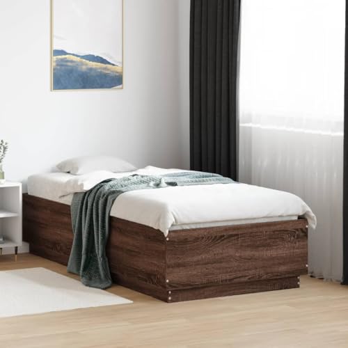 Hoodmeel Bett 90x190 Bettgestell mit LED-Beleuchtung & Lattenrost Holzbett 90x190 mit lattenrost Jugendbett Doppelbett-Braune Eiche-90 x 190 cm von Hoodmeel