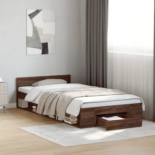 Hoodmeel Bett 90x190 mit Schubladen und lattenrost Holzbett mit Stauraum Bettgestell mit Kopfteil Doppelbettgestell Jugendbett-Braune Eiche-90 x 190 cm von Hoodmeel
