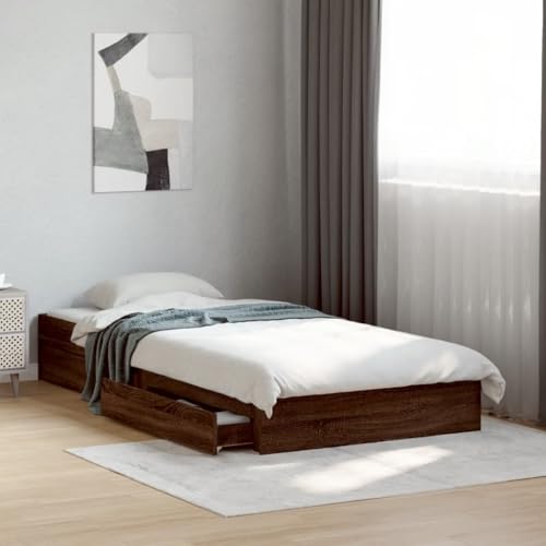 Hoodmeel Betten 90x190 mit Schubladen und lattenrost Holzbett mit Stauraum Bettgestell Doppelbettgestell Jugendbett -Braune Eiche-90 x 190 cm von Hoodmeel