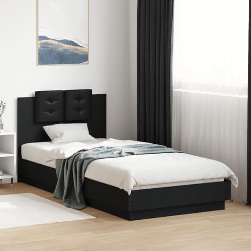 Hoodmeel Bettgestell 100x200 mit LED-Beleuchtung & Lattenrost Holzbett 100x200 mit lattenrost & kopfteil Doppelbett Jugendbett Gästebett-Schwarz-100 x 200 cm von Hoodmeel