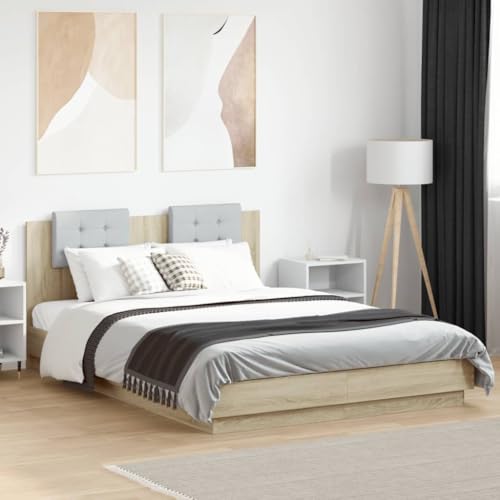 Hoodmeel Bettgestell 150x200 mit LED-Beleuchtung & Lattenrost Holzbett 150x200 mit lattenrost & kopfteil Doppelbett Jugendbett Gästebett-Sonoma Eiche-150 x 200 cm von Hoodmeel