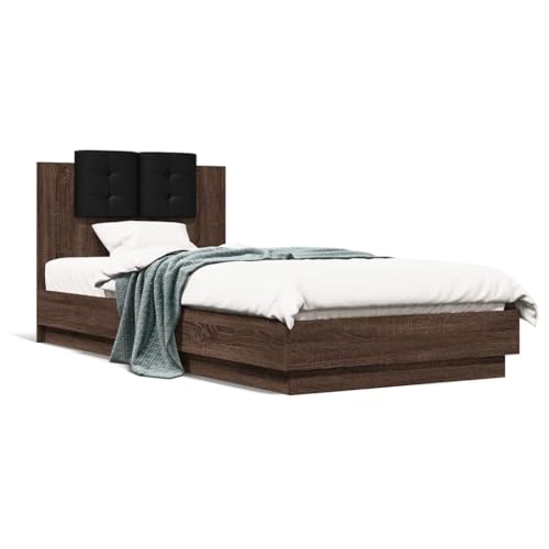 Hoodmeel Bettgestell 90 x 200 mit LED-Beleuchtung & Lattenrost Holzbett 90 x 200 mit lattenrost & kopfteil Doppelbett Jugendbett Gästebett-Braune Eiche-90 x 200 cm von Hoodmeel
