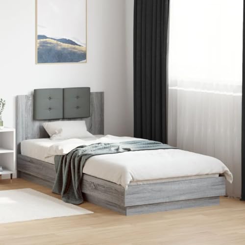 Hoodmeel Bettgestell 90 x 200 mit LED-Beleuchtung & Lattenrost Holzbett 90 x 200 mit lattenrost & kopfteil Doppelbett Jugendbett Gästebett-Grau Sonoma-90 x 200 cm von Hoodmeel