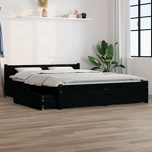 Hoodmeel Massivholzbett Bett 135x190 mit Stauraum Bettgestell mit Schubladen Doppelbett Jugendbett Holzbett mit Kopfteil und Lattenrost-Schwarz-135 x 190 cm von Hoodmeel