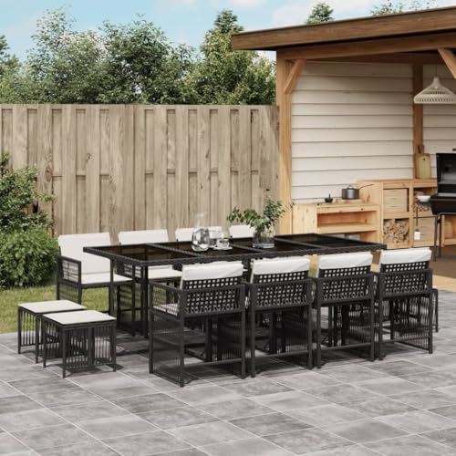 Hoodmeel Rattan Gartenmöbel Set 12 Personen Garten Sitzgruppe 12 Personen Sitzgruppe Outdoor Polyrattan Sitzgruppe Sitzgarnitur Terassenmöbel außen-Schwarz und Creme-13-tlg von Hoodmeel