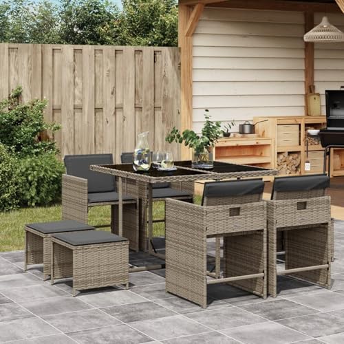 Hoodmeel Rattan Gartenmöbel Set 8 Personen Garten Sitzgruppe 8 Personen Sitzgruppe Outdoor Polyrattan Sitzgruppe Sitzgarnitur Terassenmöbel außen-Grau-9-tlg Typ 2 von Hoodmeel