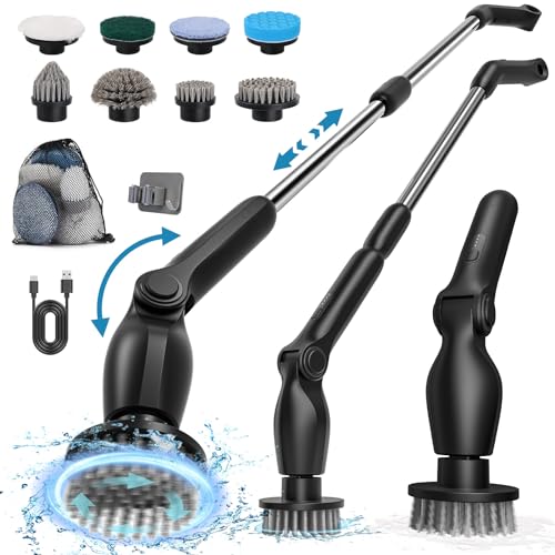 Elektrische Reinigungsbürste, Power Scrubber mit 8 Austauschbaren BohrbürstenköPfen, Electric Cleaning Brush mit 137cm Verstellbarem Griff & IPX7 Wasserdicht für Bad KüChe Auto FußBoden von Hoofun